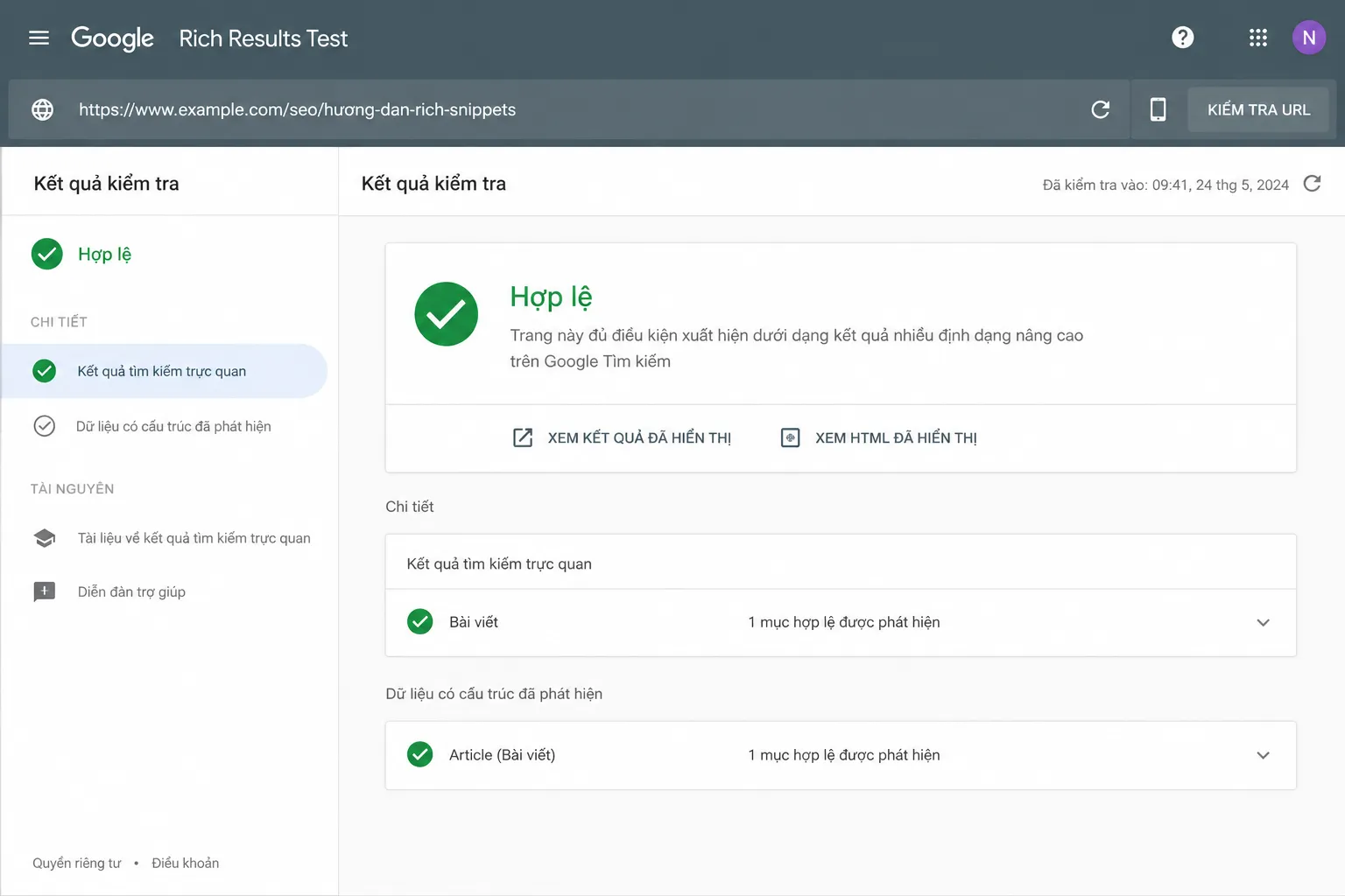 Công cụ kiểm tra hiển thị schema rich snippets