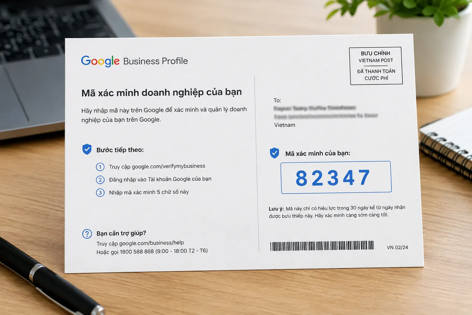 Bưu thiếp chứa mã xác minh google map gửi qua bưu điện Việt Nam