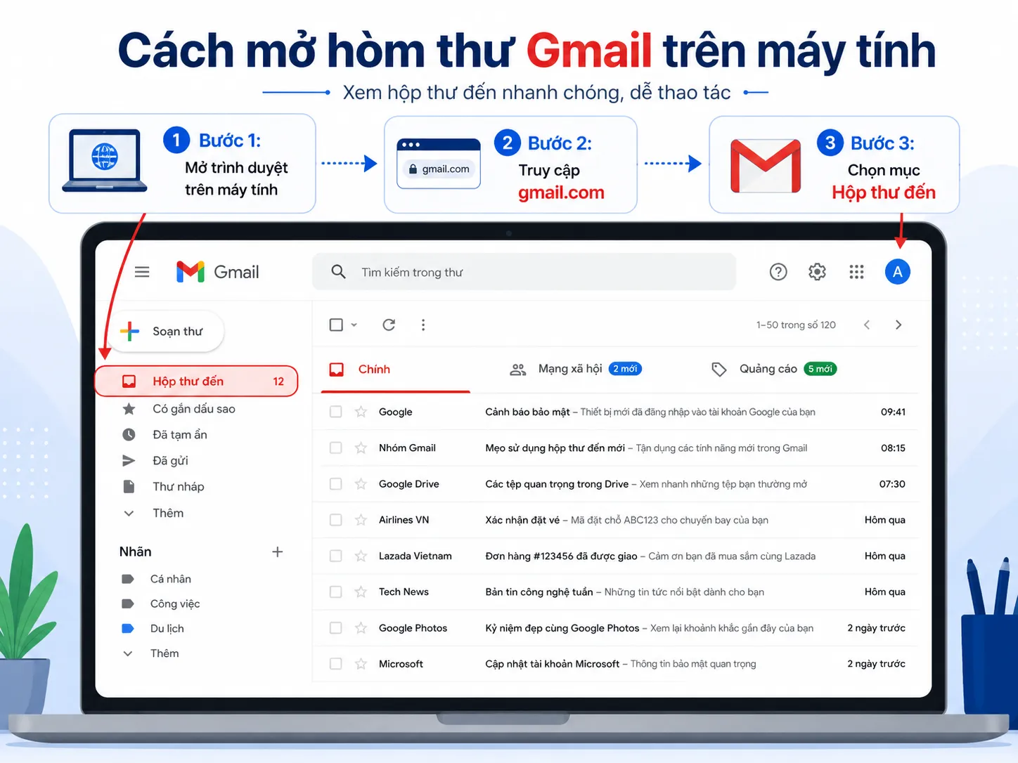 Giao diện gmail hộp thư đến trên trình duyệt máy tính