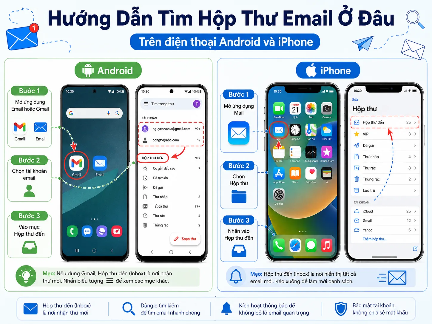 Tìm hộp thư email ở đâu trên điện thoại và máy tính