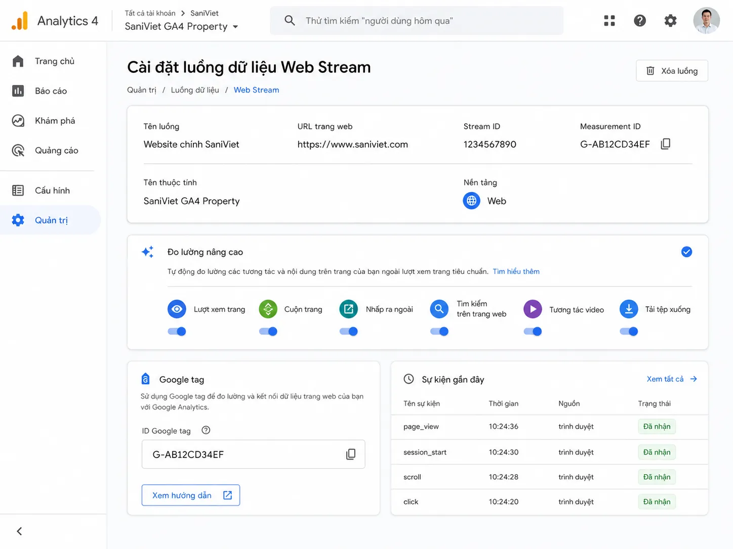 Giao diện cài đặt luồng dữ liệu trong cách sử dụng google analytics